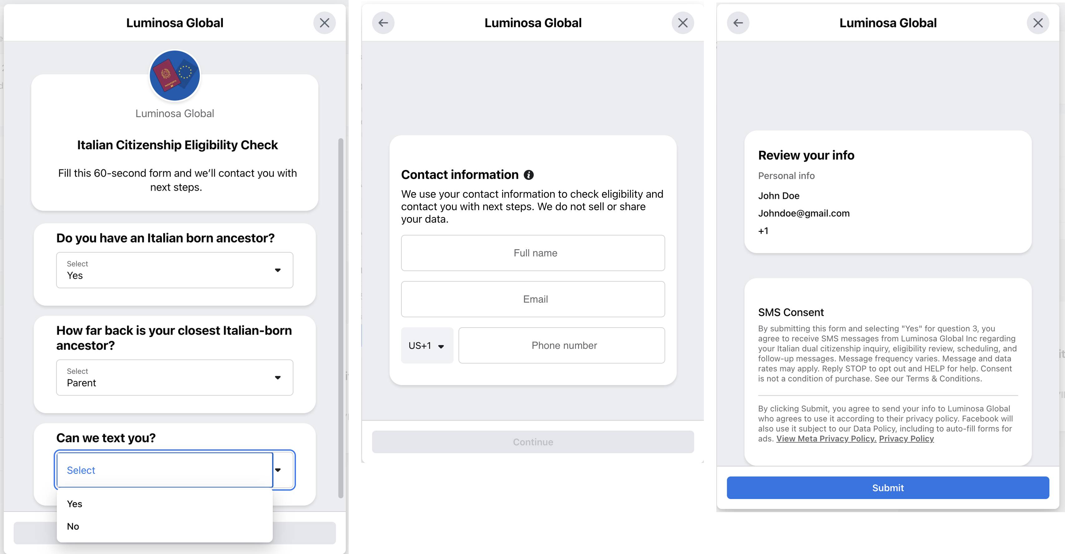 Screenshot of the Luminosa Global lead form. Left: the eligibility questions and question 3, Can we text you, shown as a Yes/No dropdown with no default selection. Right: the review screen showing the full SMS Consent disclosure before submit.